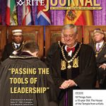 Cover of the September-October 2019 Scottish Rite Journal, with the subtitle "Passing the Tools of Leadership;" In the foreground, Ill. Ronald A. Seale, 33°, PSGC, (r.) prepares to re-obligate Ill. James D. Cole, 33°, SGC (l.). In the background are (l.) Ill. Melvin Bazemore, 33°, SGC PHA NJ USA, and (r.) Ill. David Glattly, 33°, SGC NMJ USA.