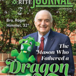 Bro. Roger Himmel holding a dragon plush toy; "Bro. Roger Himmel, 32°, The Mason who Fathered a Dragon"