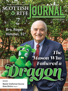 Bro. Roger Himmel holding a dragon plush toy; "Bro. Roger Himmel, 32°, The Mason who Fathered a Dragon"